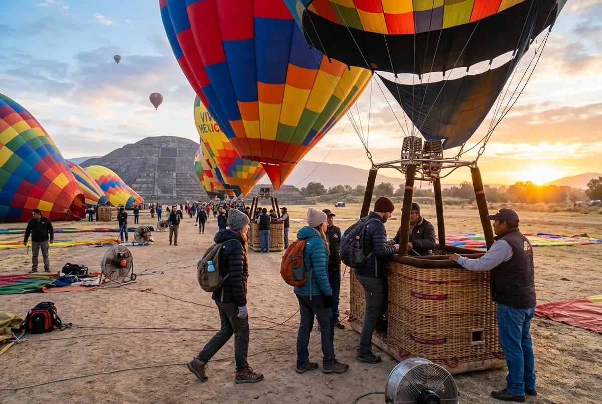Row of colorful hot air balloons preparing for launch near the Teotihuacan pyramids at sunrise with travelers boarding