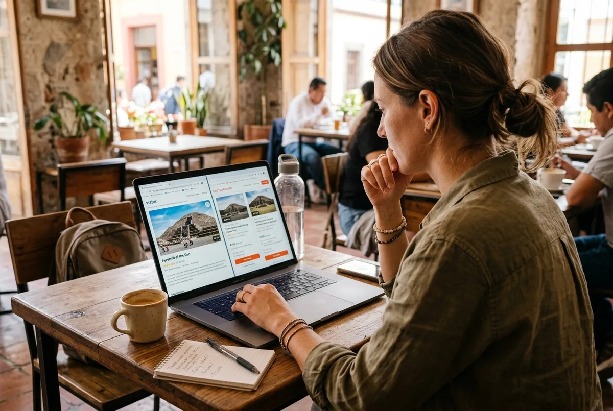 Traveler comparing several teotihuacan tour listings side by side on a laptop with a photo of the Pyramid of the Sun visible on screen