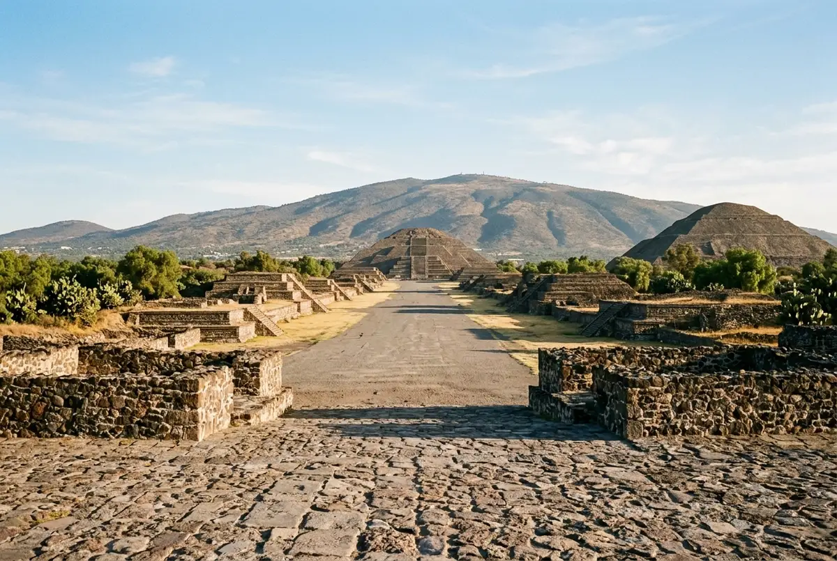 Empty stretch of the Avenue of the Dead at Teotihuacan under clear dry season skies in early morning light