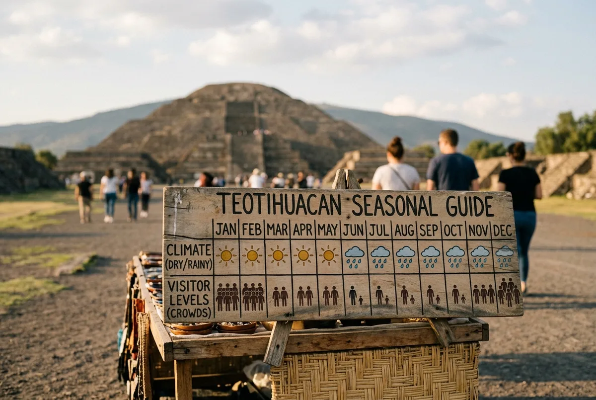 Simple seasonal chart showing dry versus rainy months and relative crowd levels at Teotihuacan across the year, using generic month labels