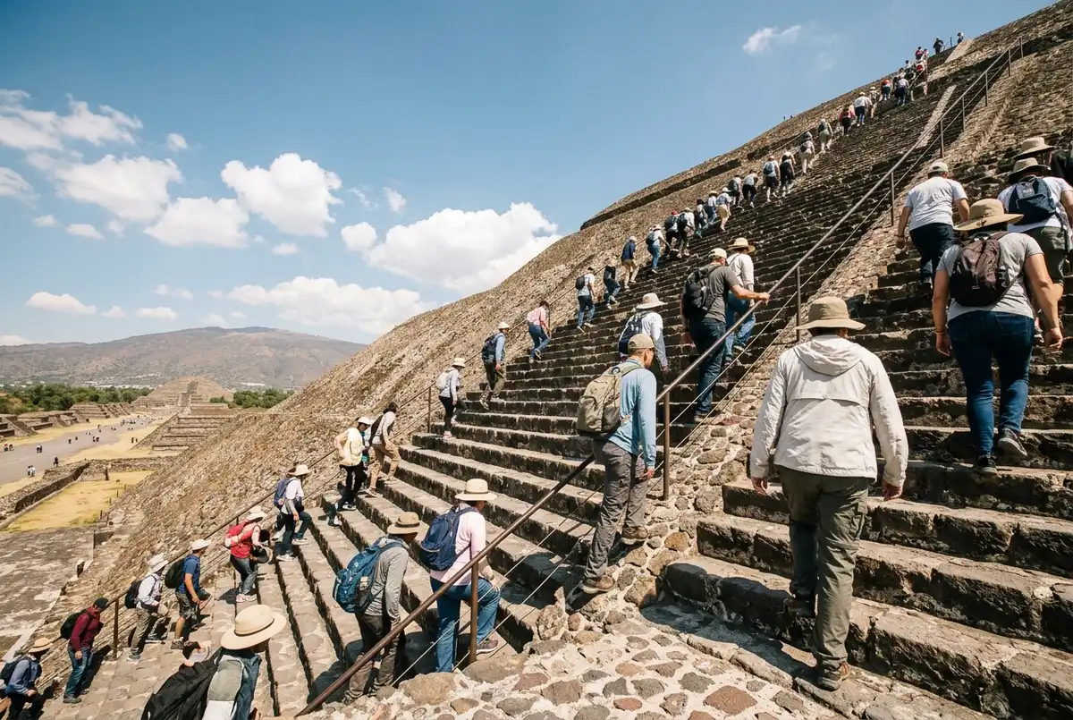 Visitors climbing the steep stone stairs of the Pyramid of the Sun at Teotihuacan under bright midday sun