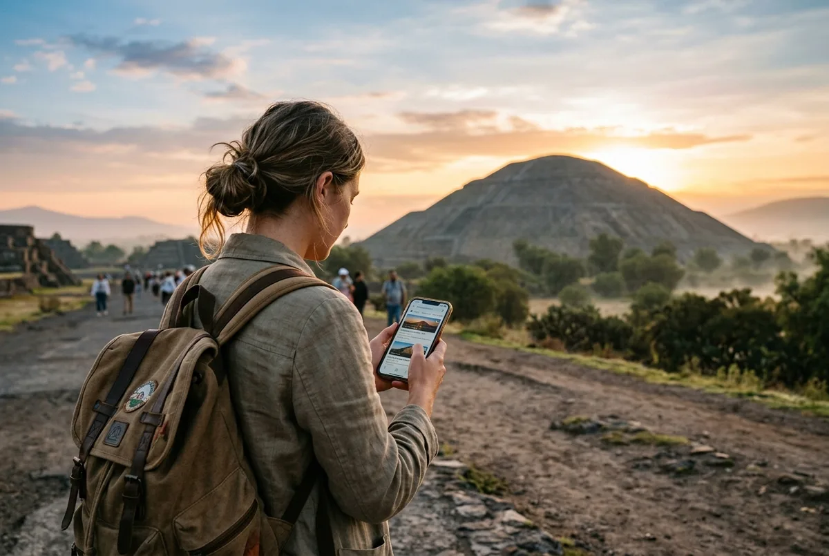 Traveler comparing Teotihuacan tour listings on a phone with the Pyramid of the Sun visible in the background at sunrise