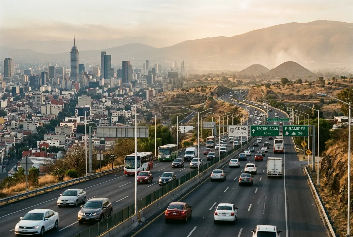 Highway view with Mexico City skyline receding behind and the Teotihuacan pyramids visible in the distant haze ahead