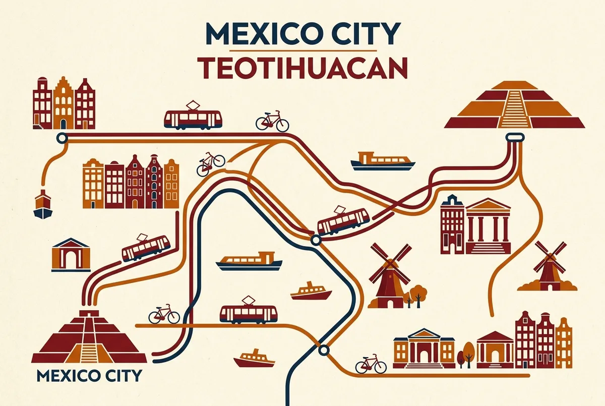 stylized map of amsterdam tram, metro and ferry lines for distance from mexico city to teotihuacan pyramids