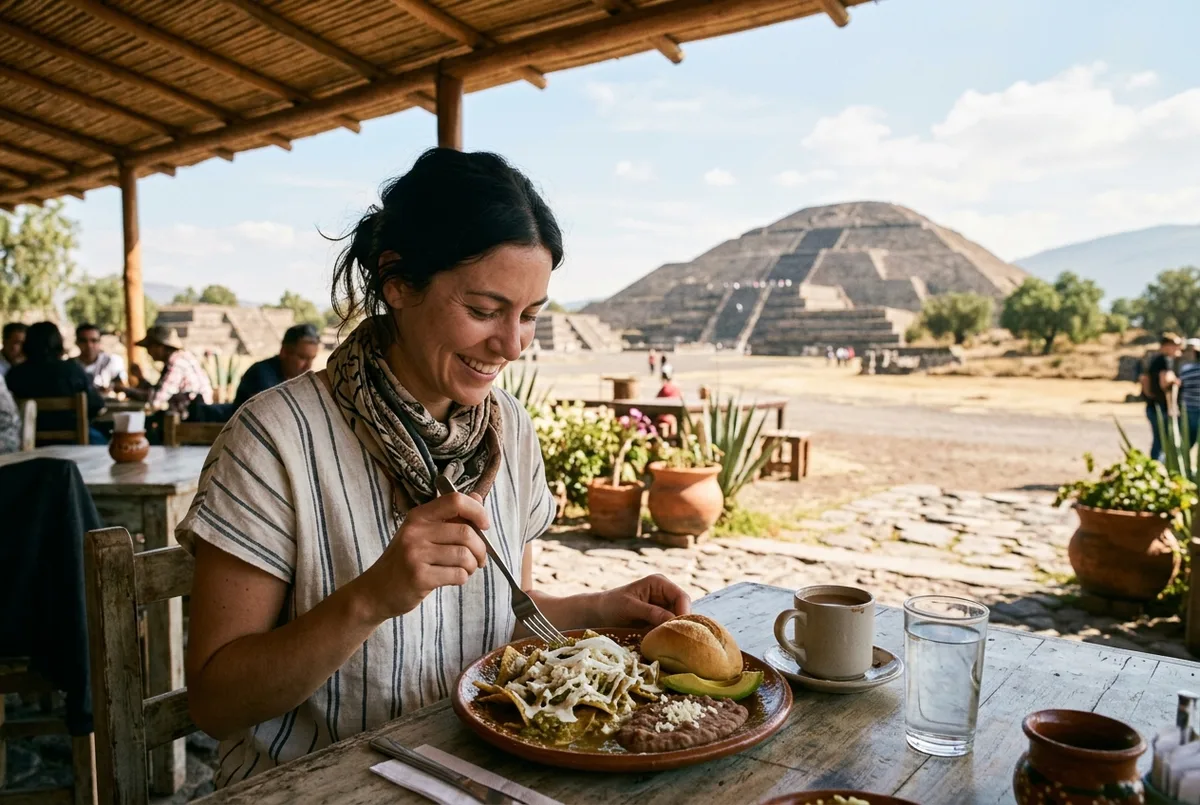 Traveler enjoying a Mexican breakfast plate at an outdoor restaurant table near the Teotihuacan pyramids with the Pyramid of the Sun visible in the background