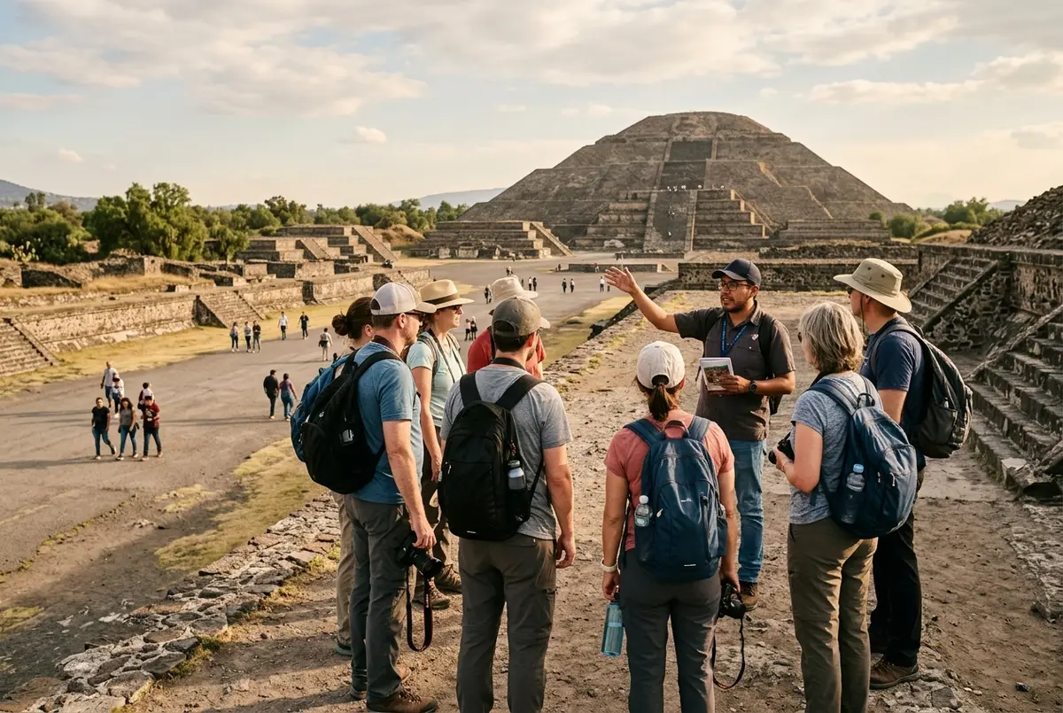 Small tip based walking tour group gathered around a guide near the Avenue of the Dead at Teotihuacan in soft afternoon light