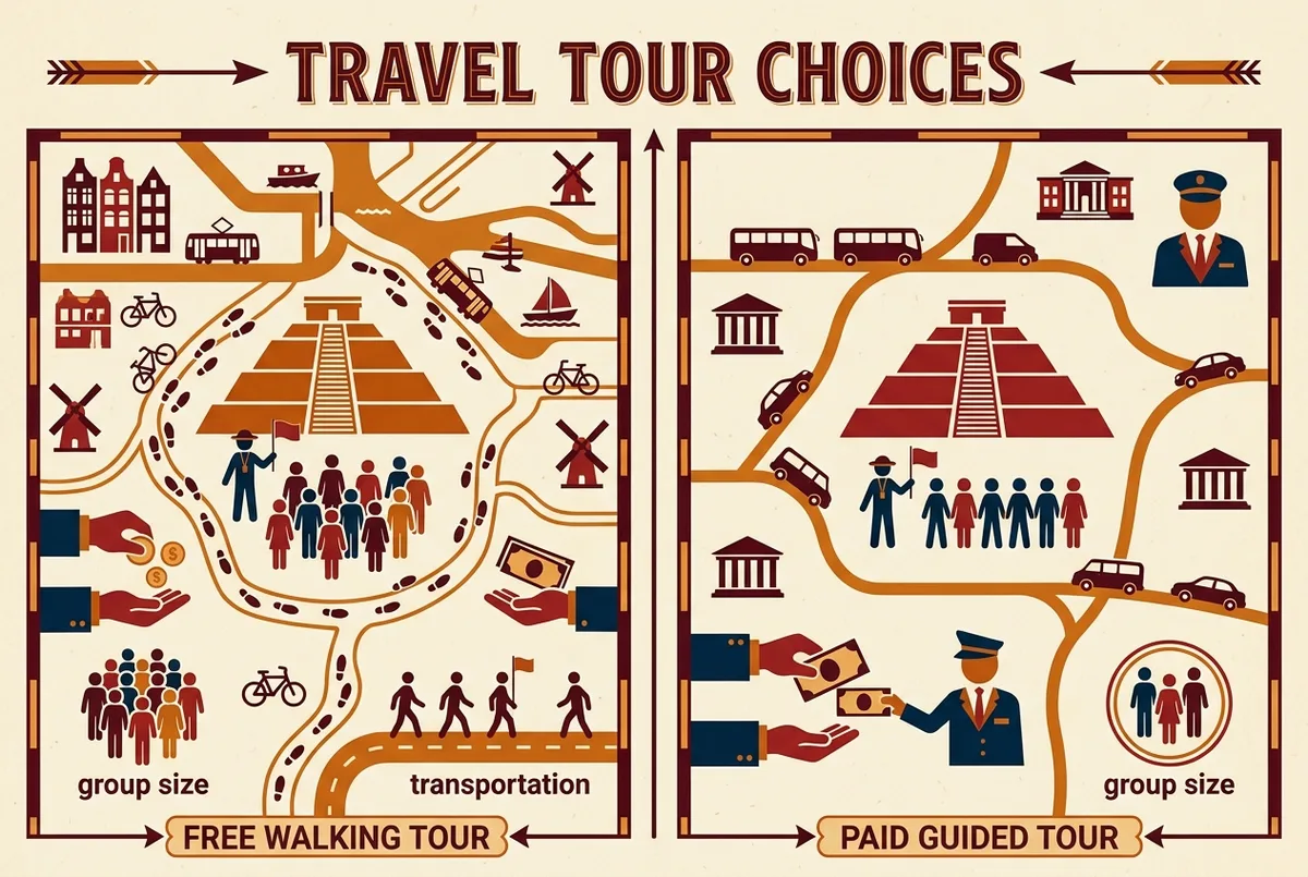 Infographic comparing a free walking tour teotihuacan against a paid guided tour, labeled tipping, group size, and transportation