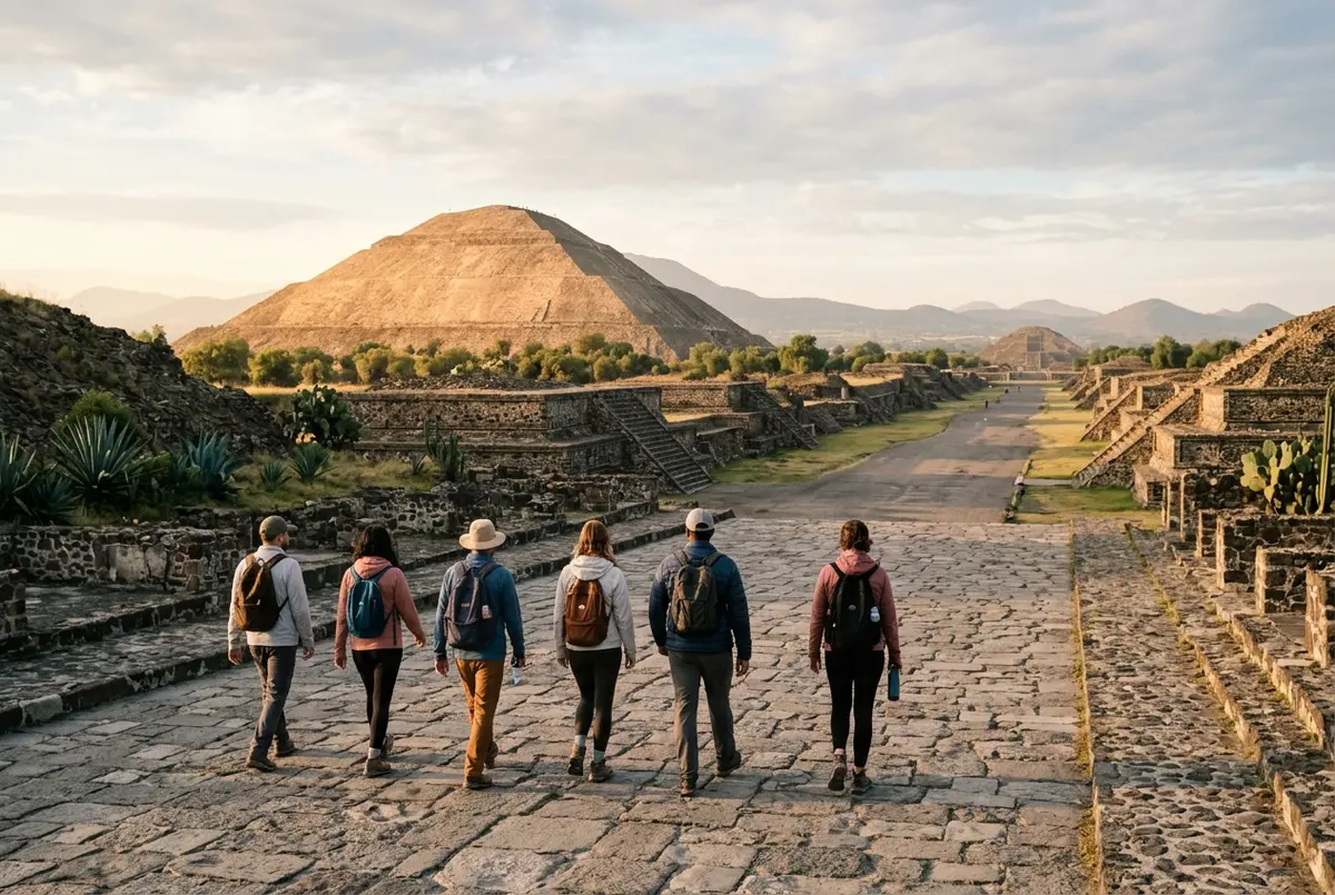 Small group of travelers walking the Avenue of the Dead toward the Pyramid of the Sun at Teotihuacan in the soft light of early morning