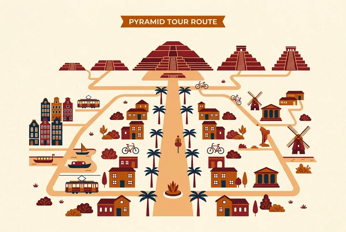 Simple illustrated map of a Teotihuacan pyramids tour route showing the Avenue of the Dead connecting the Pyramid of the Sun, the Pyramid of the Moon, and the Temple of the Feathered Serpent