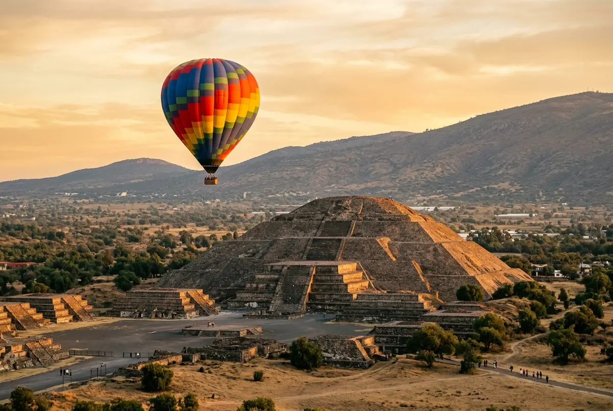 Colorful hot air balloon drifting over the Pyramid of the Sun at Teotihuacan in the golden light of sunrise