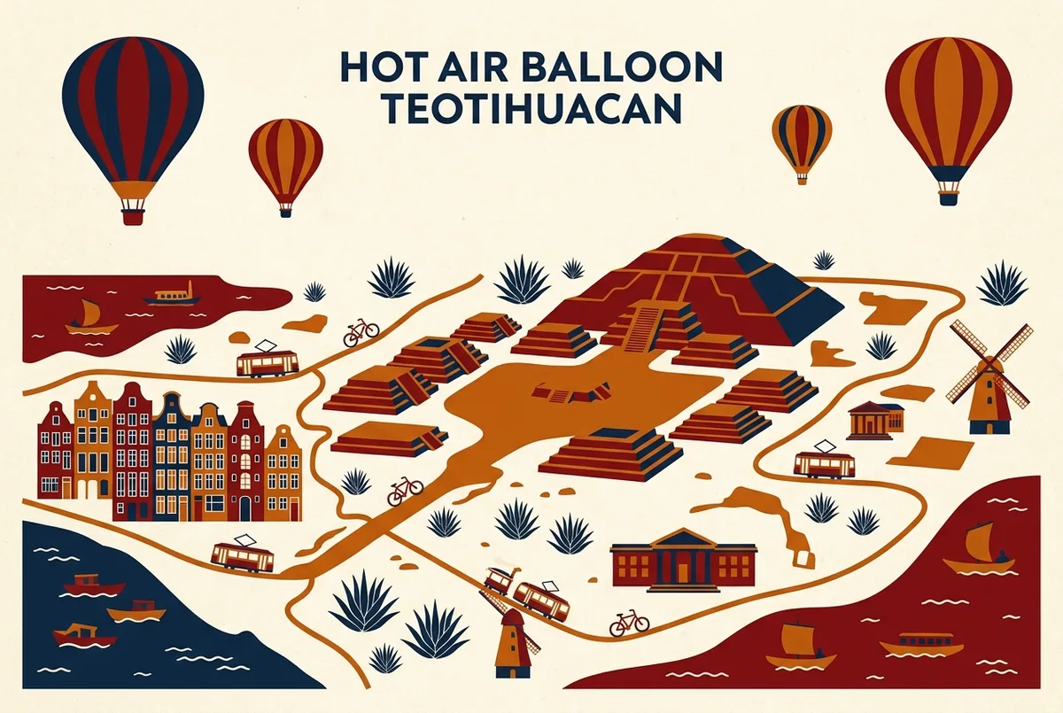 illustrated map of amsterdam highlights for Hot Air Balloon Over Teotihuacan: Tours, Prices & What to Expect, hot air balloon teotihuacan