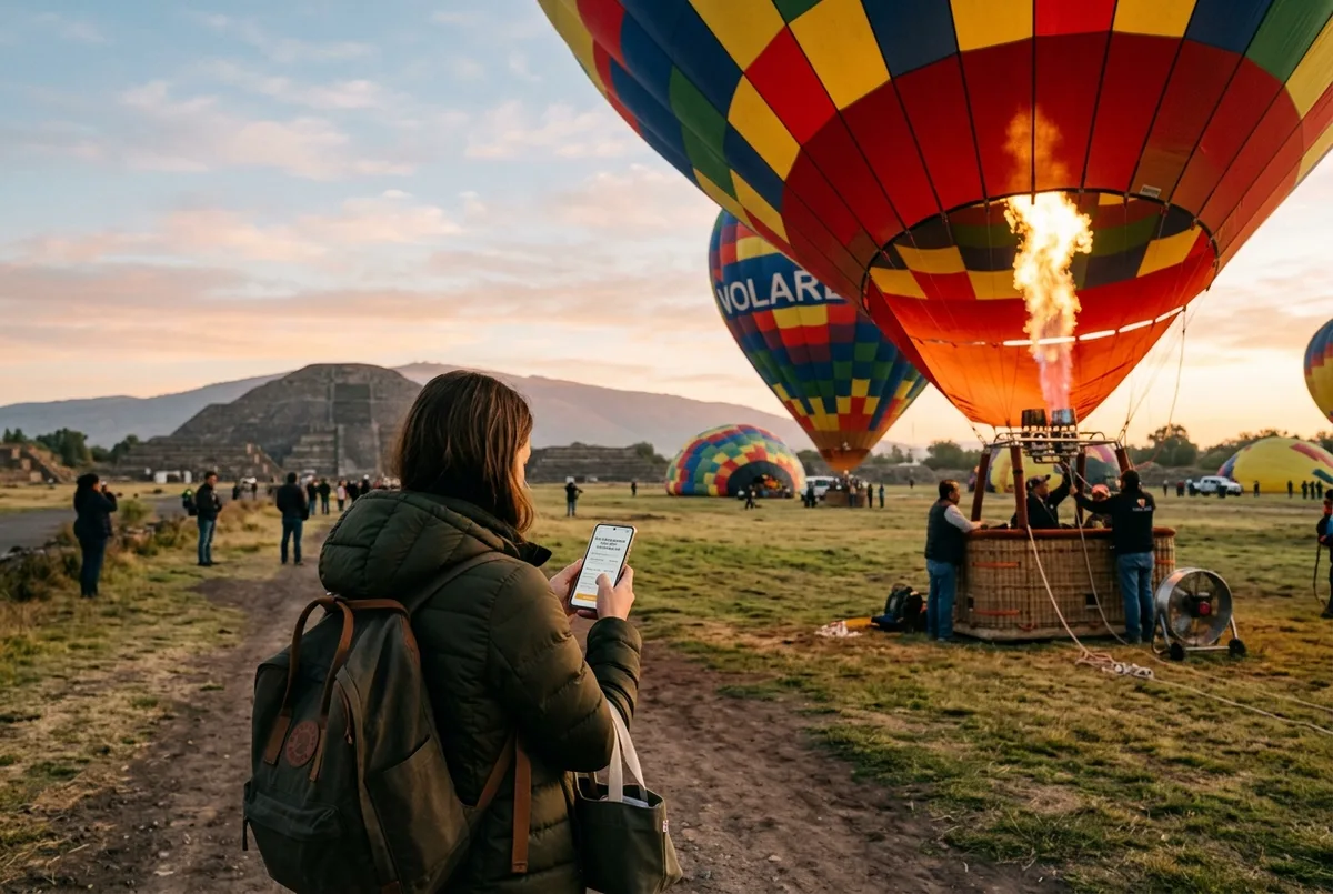Traveler checking a phone showing balloon ticket prices while a hot air balloon inflates in a field near Teotihuacan at dawn