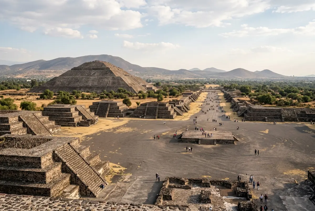 Elevated view down the Avenue of the Dead at Teotihuacan showing the Pyramid of the Sun and smaller platform structures lining the route