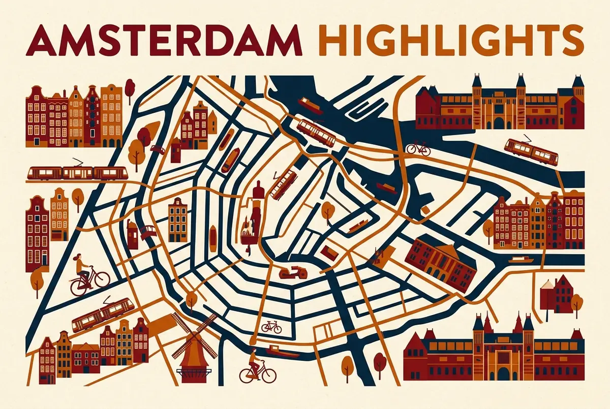 illustrated map of amsterdam highlights for Is the Teotihuacan Hot Air Balloon Ride Worth It?, hot air balloon teotihuacan worth it