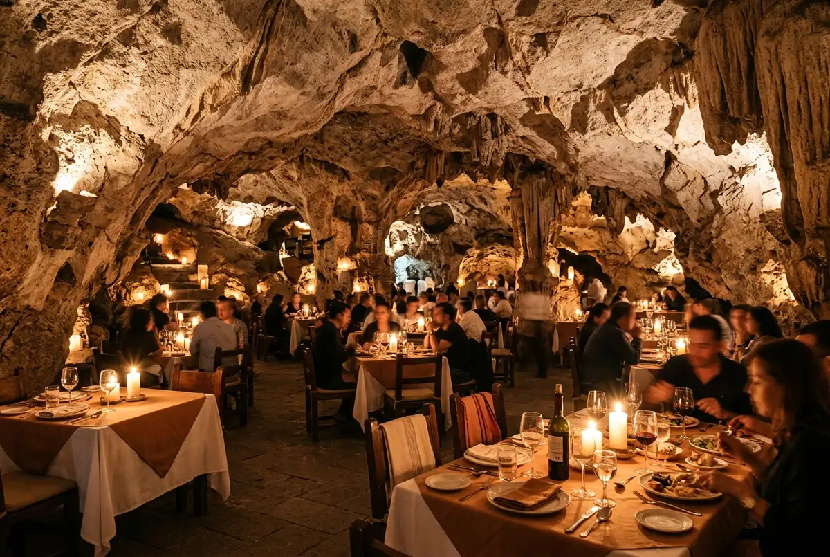 Candlelit dining tables set beneath the natural rock ceiling of La Gruta cave restaurant near the Teotihuacan pyramids