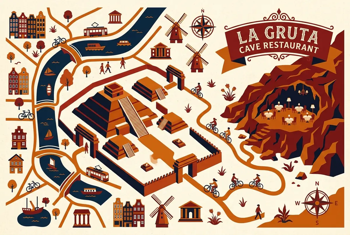Overhead style infographic showing La Gruta's cave restaurant location relative to the Teotihuacan pyramids entrance gates