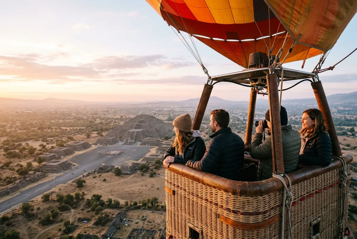 Small private group alone in a hot air balloon basket flying over the Teotihuacan pyramids at sunrise with no other passengers