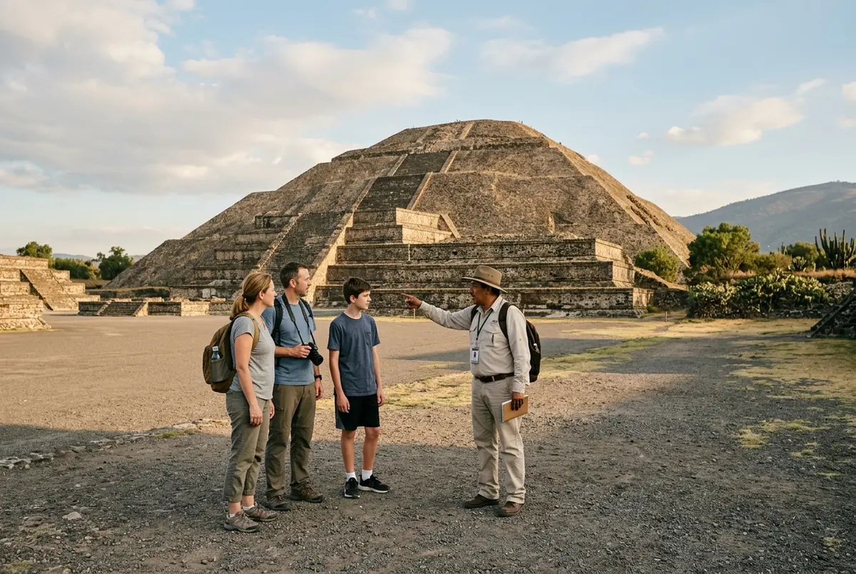 Small family group with a dedicated guide standing alone near the Pyramid of the Moon, illustrating the exclusivity of a teotihuacan private tour
