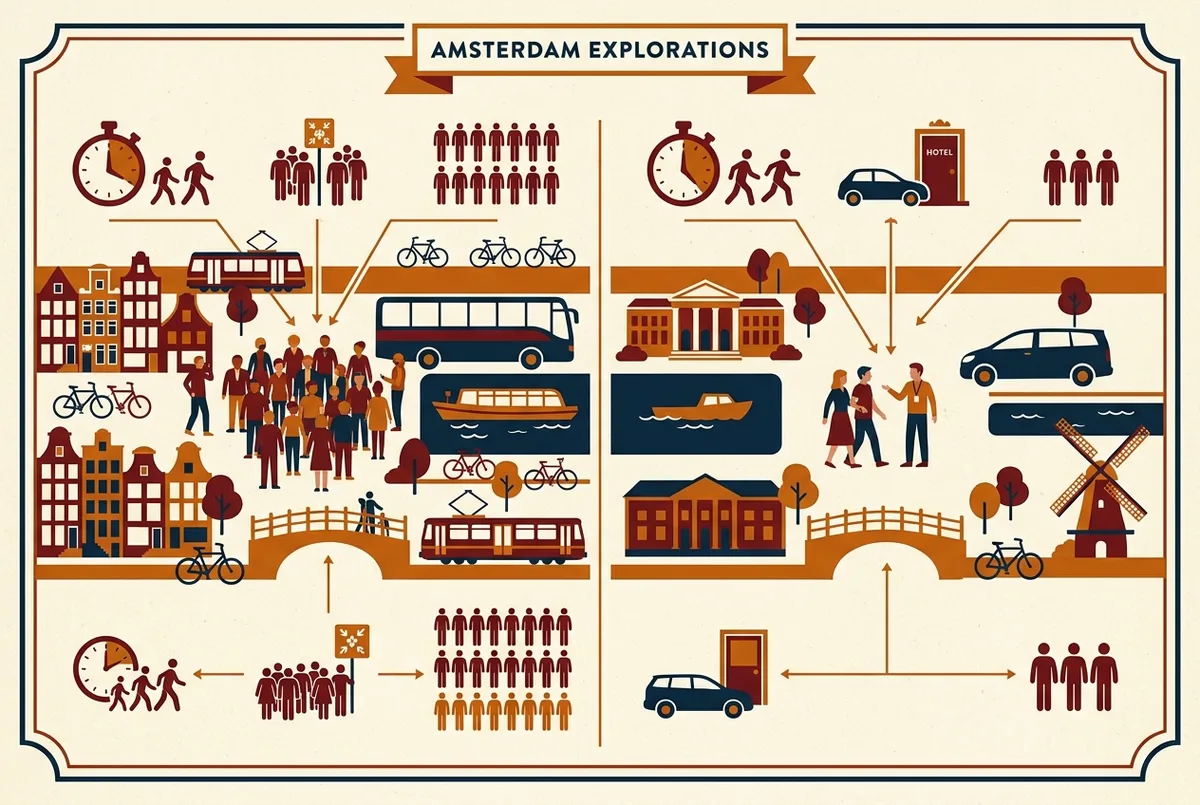 Side by side comparison infographic contrasting a shared group tour icon set against a private tour icon set, each labeled with pace, pickup, and group size