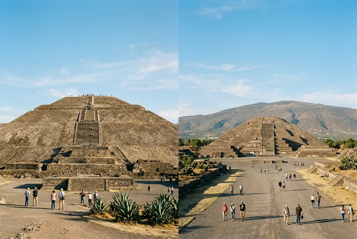 Split view comparing the massive Pyramid of the Sun with the smaller Pyramid of the Moon at Teotihuacan under clear blue sky