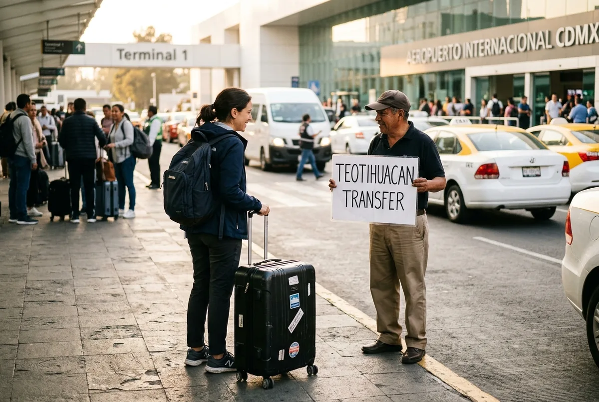 Traveler with a rolling suitcase greeted by a driver holding a sign outside Mexico City International Airport before a Teotihuacan transfer