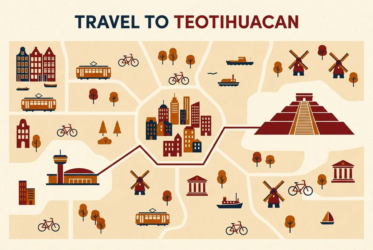 Simple route map showing an airport terminal connected by a direct line to the Teotihuacan archaeological zone, bypassing the Mexico City center