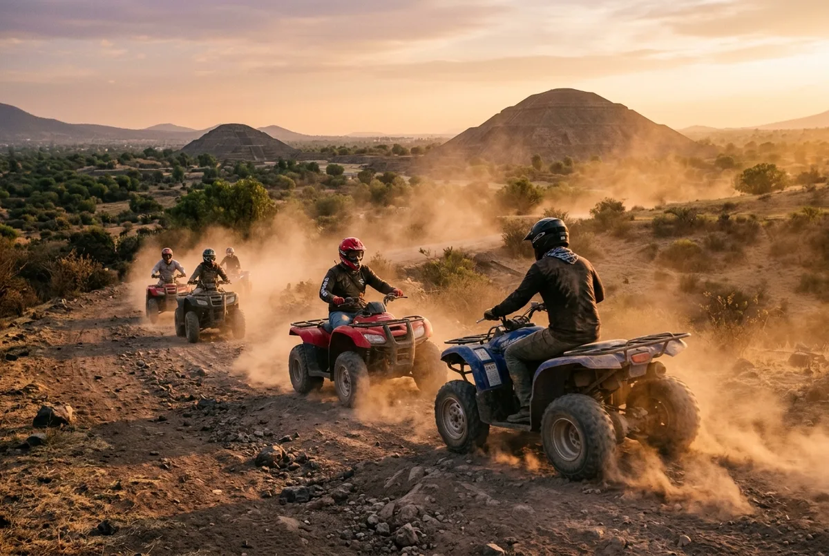 Riders on ATVs kicking up dust on a volcanic trail with the Teotihuacan pyramids visible in the distance at golden hour