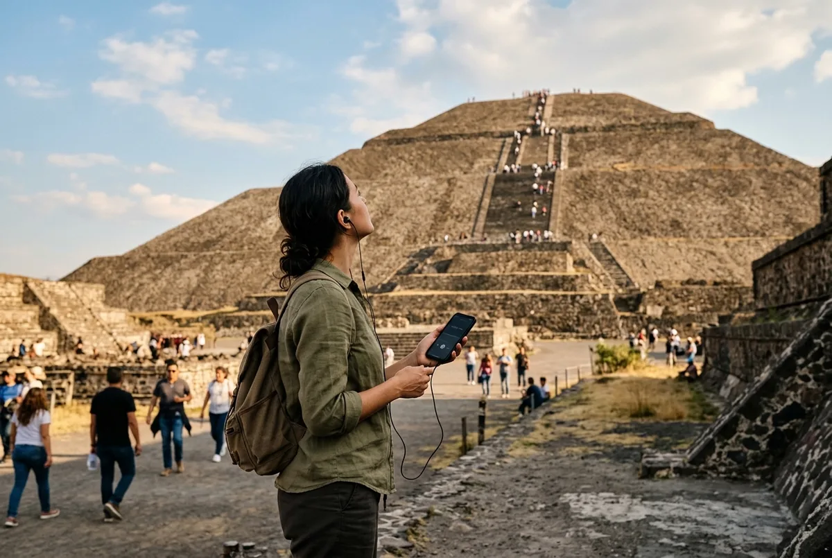Traveler listening to a Teotihuacan audio guide through earbuds while looking up at the Pyramid of the Sun with a phone in hand