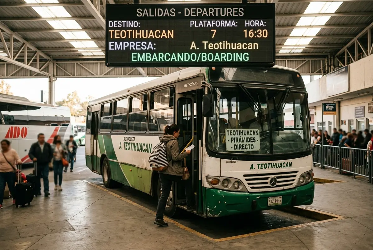 Traveler boarding a Mexico City bus to Teotihuacan at a terminal platform with a departures board overhead