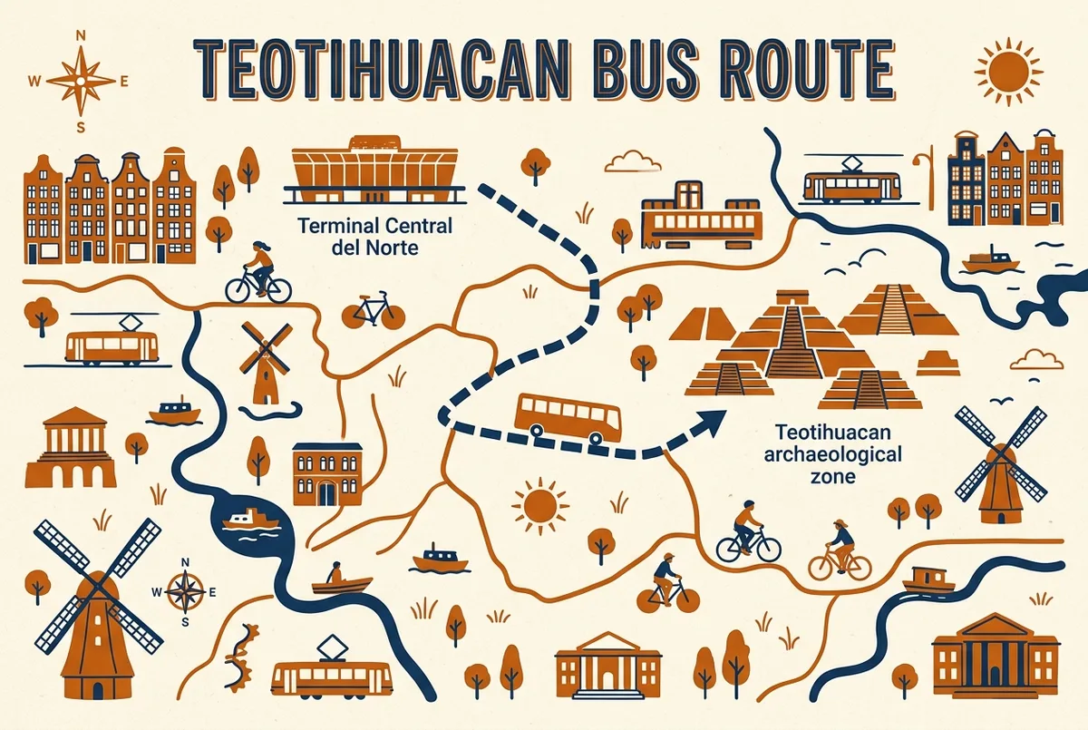 Simple route map showing Terminal Central del Norte connected by a bus line to the Teotihuacan archaeological zone with generic icons for the bus terminal and pyramids