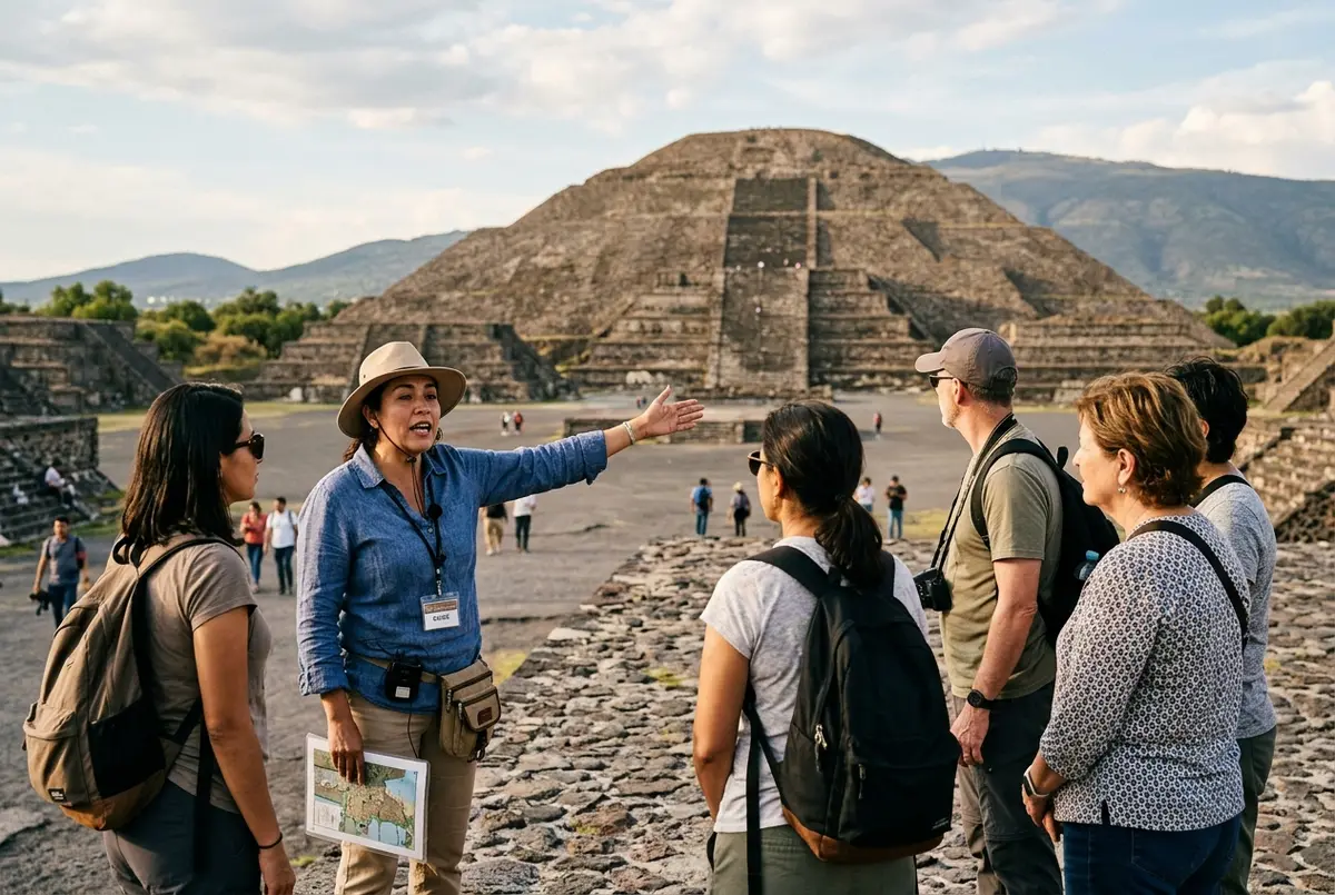 English-speaking Teotihuacan tour guide gesturing toward the Pyramid of the Moon while explaining history to an attentive small group