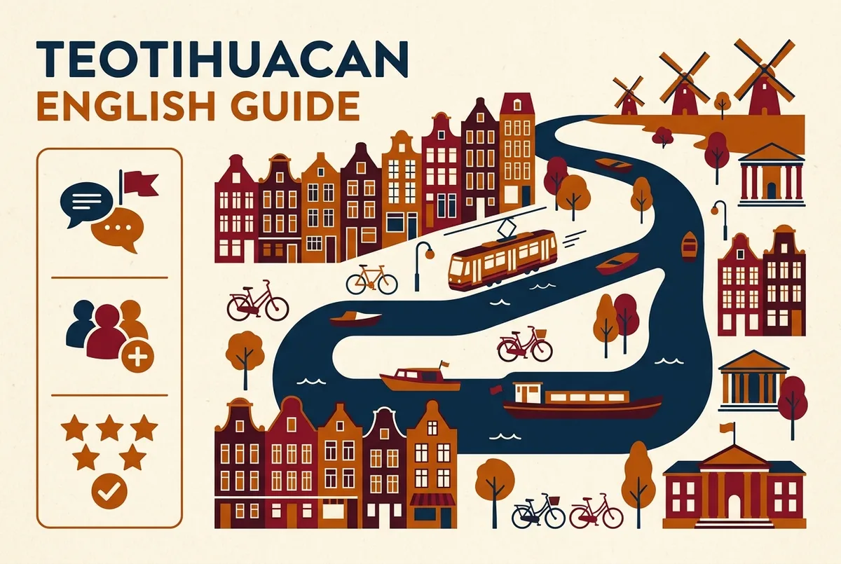 Checklist style infographic titled teotihuacan english guide with icons for language confirmation, group size, and recent reviews