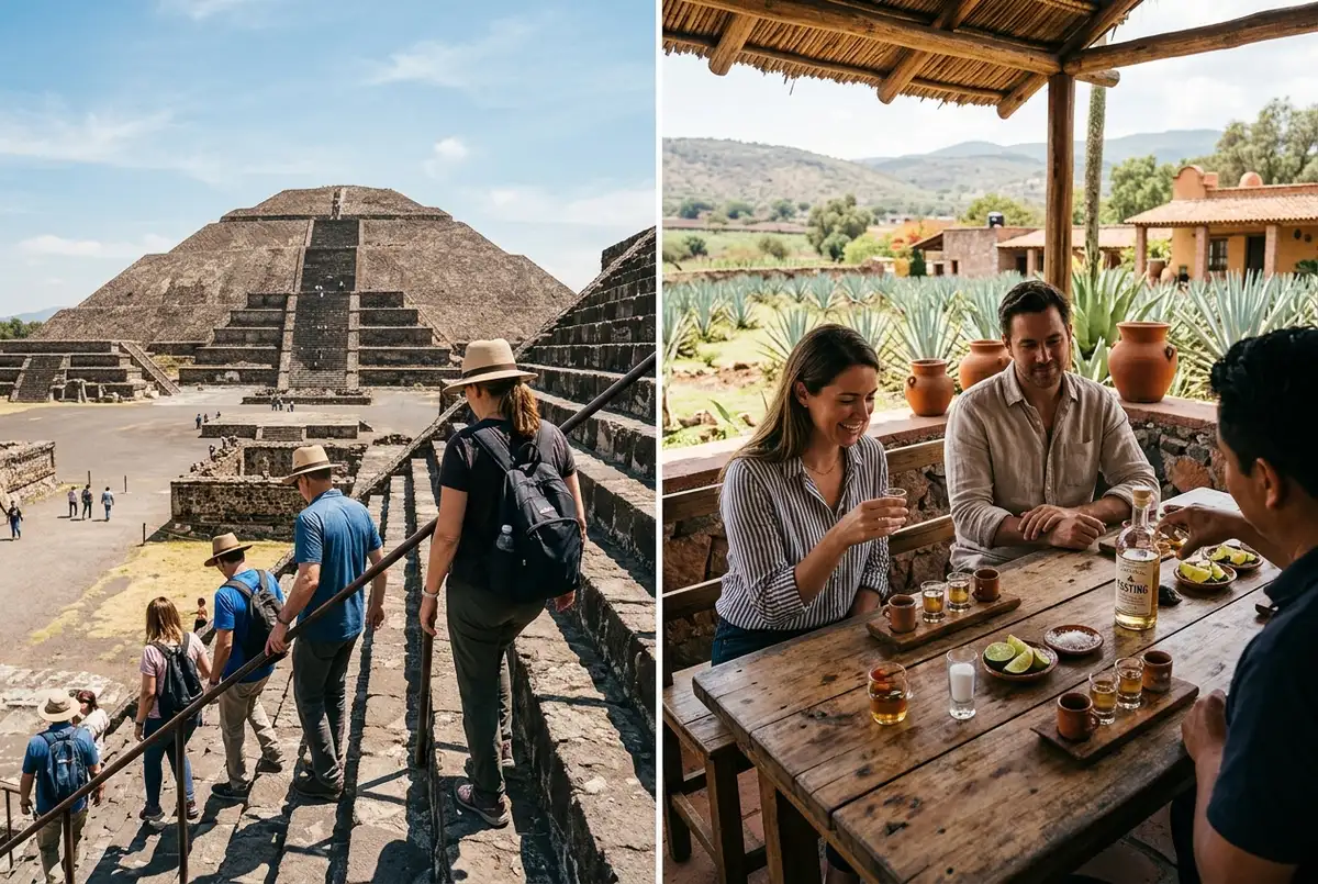 Split scene of travelers finishing a climb down the Pyramid of the Sun at midday on one side and relaxing at a countryside tequila tasting stop on the other, illustrating a teotihuacan half day tour choice