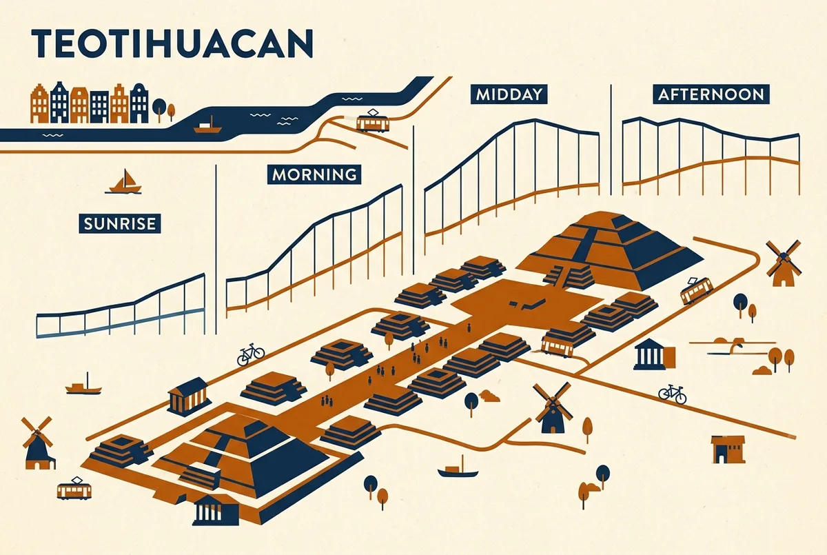 Bar style infographic showing rising lines for crowd levels and temperature across four labeled time blocks, sunrise, morning, midday, and afternoon, at teotihuacan