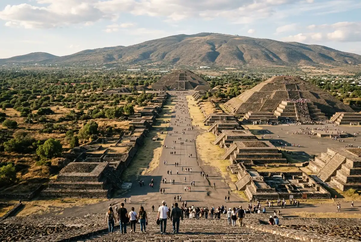 Wide elevated view down the Avenue of the Dead at Teotihuacan showing the straight ceremonial route connecting the main pyramids