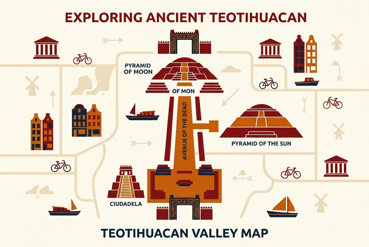 Simple map infographic showing the Avenue of the Dead running between the Ciudadela, Pyramid of the Sun, and Pyramid of the Moon at Teotihuacan with entrance gates labeled