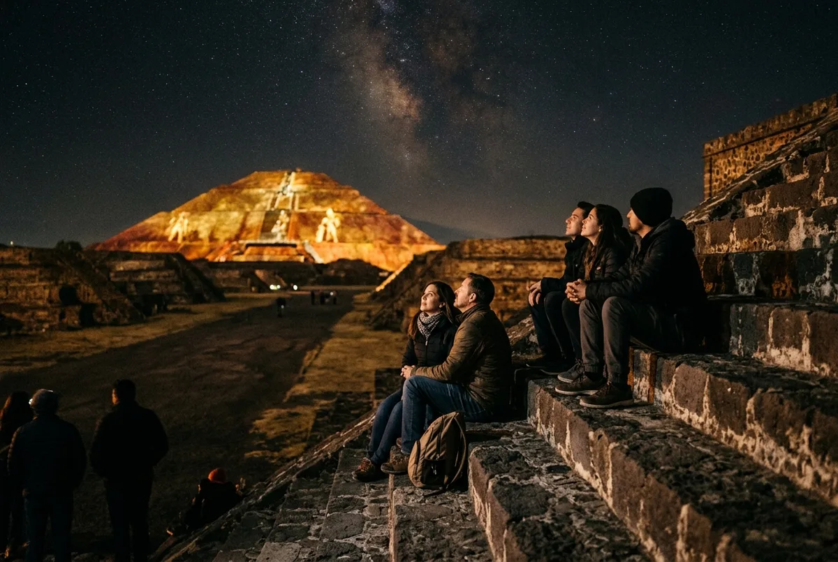 Small group of visitors seated on the Avenue of the Dead at Teotihuacan watching an evening light show narration under a starry sky