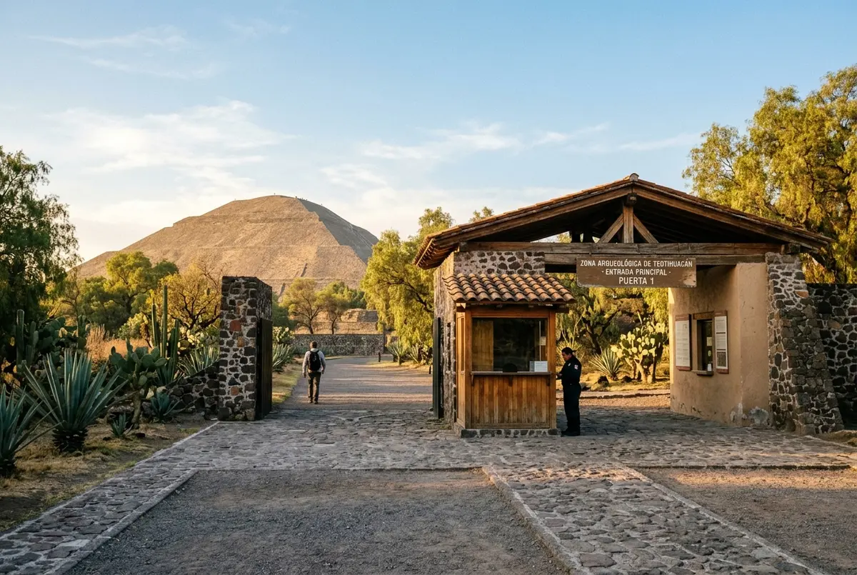 Entrance gate to Teotihuacan archaeological zone shortly after opening, with early morning light and no crowds yet at the ticket booth