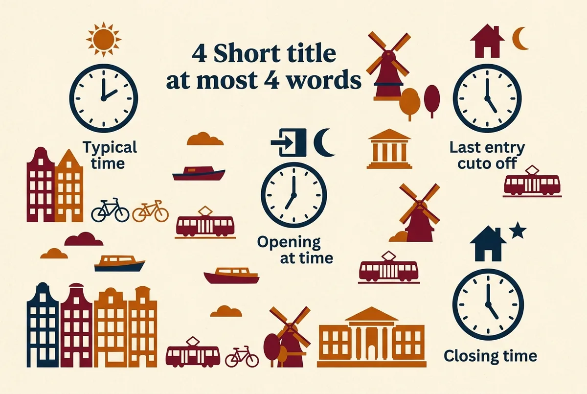 Simple daily schedule infographic showing typical Teotihuacan gate opening time, last entry cutoff, and closing time using generic clock icons