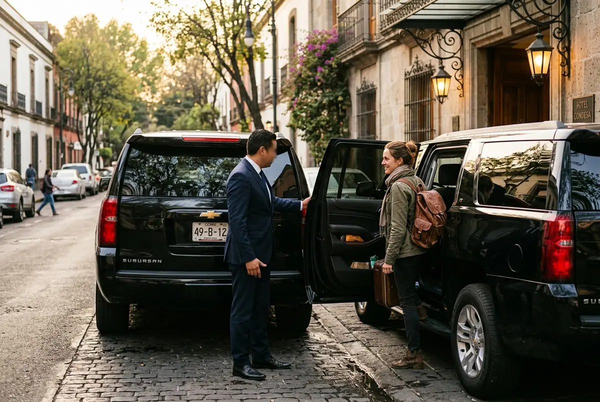 Private driver holding open a car door for a traveler outside a Mexico City hotel before an early departure to Teotihuacan