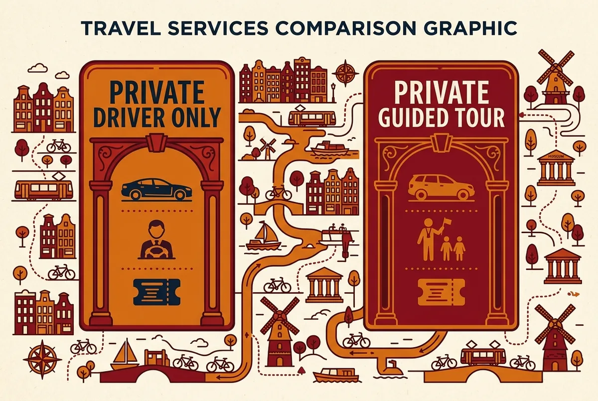 Side-by-side comparison graphic labeled Private Driver Only and Private Guided Tour, showing generic icons for a car, a guide figure, and a ticket