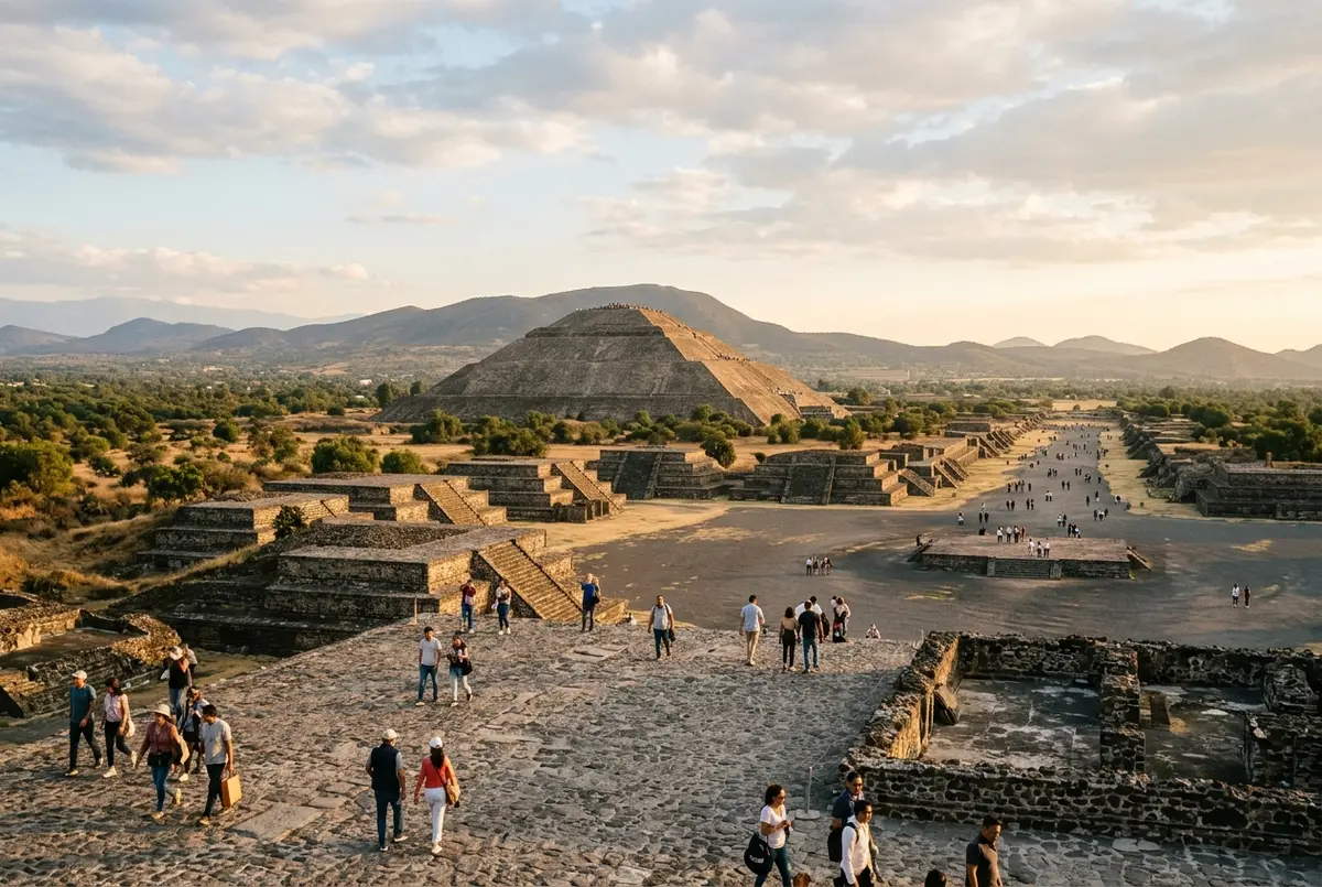 Wide view of the Pyramid of the Sun rising above the Avenue of the Dead at Teotihuacan in warm late afternoon light, showing the pyramid's massive scale