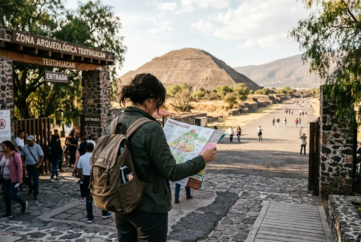 Independent traveler checking a paper map at the entrance gate to Teotihuacan with the Pyramid of the Sun visible ahead