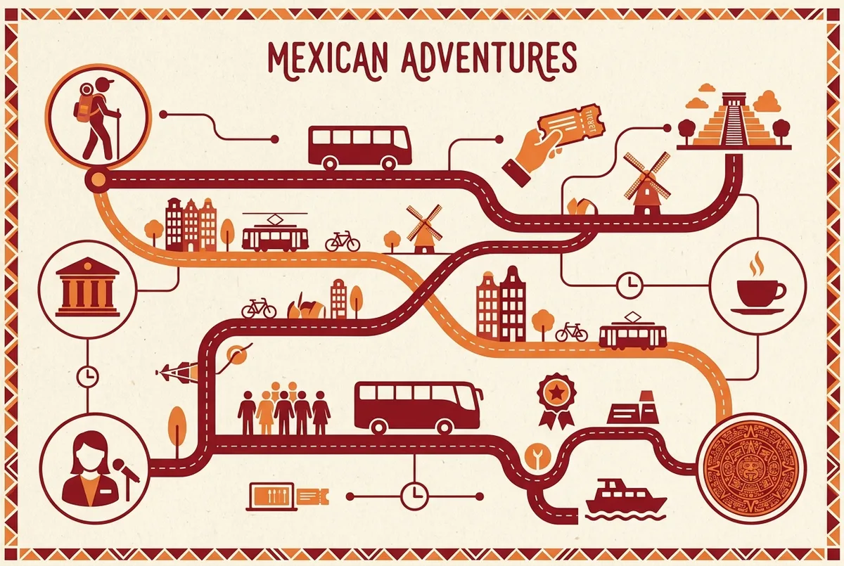Simple cost and time comparison infographic contrasting a self guided Teotihuacan day against a guided tour, using generic labels for bus, ticket, and tour categories