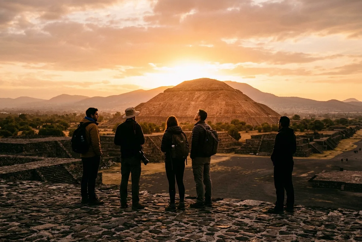 Small group of travelers silhouetted against golden sunrise light at the base of the Pyramid of the Sun on a teotihuacan sunrise tour