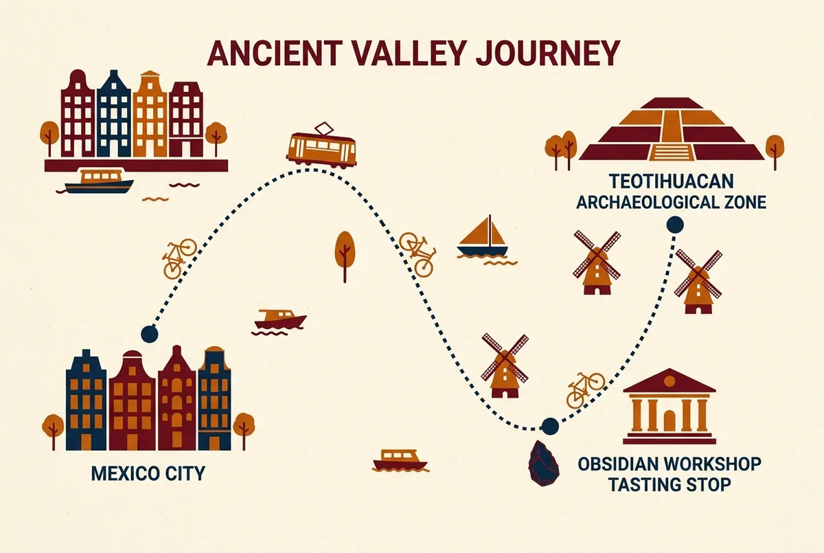 Simple route map showing the early morning departure point in Mexico City, the Teotihuacan archaeological zone, and the obsidian workshop tasting stop connected by a dotted line