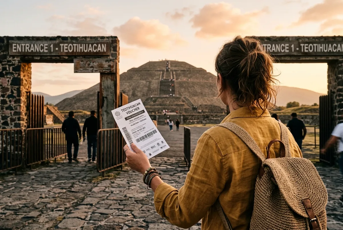 Traveler holding a Teotihuacan tickets voucher at the entrance gate with the Pyramid of the Sun rising behind in early morning light