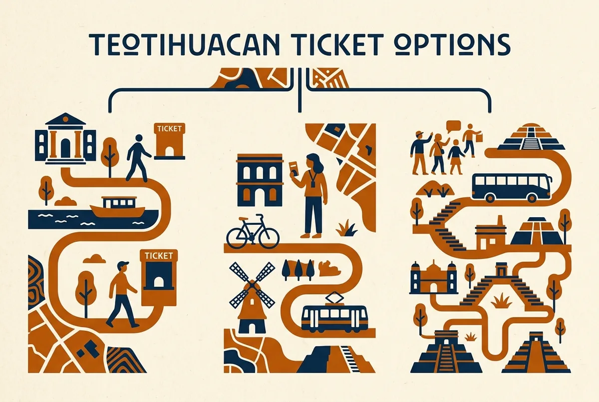 Infographic comparing three ways to buy Teotihuacan tickets labeled Gate Ticket, Guided Ticket, and Full Tour, arranged as a simple decision chart