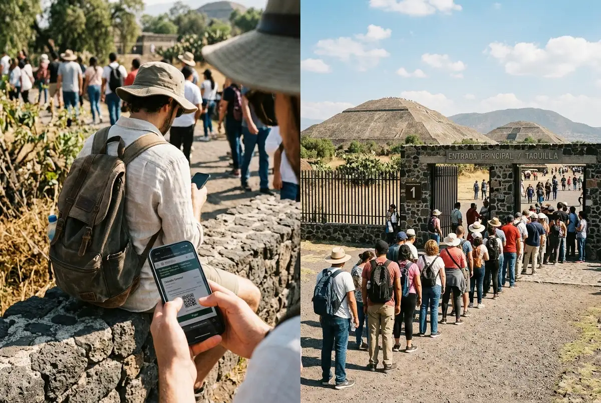 Split scene of a traveler booking Teotihuacan tickets online on a phone next to a physical ticket line forming at the site entrance gate