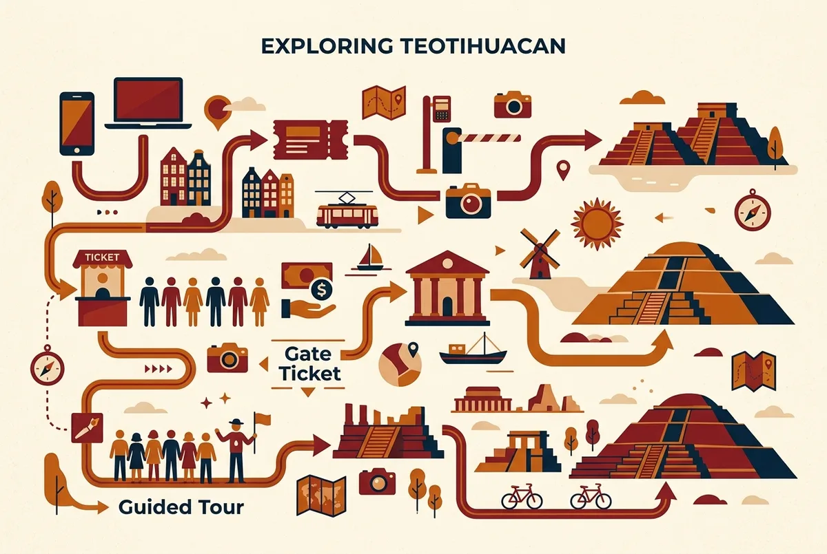 Infographic comparing Online Ticket, Gate Ticket, and Guided Tour purchase paths for Teotihuacan with generic step labels for each option